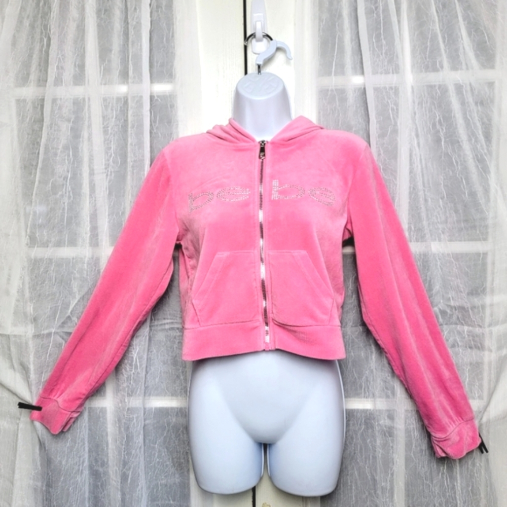 Vintage Y2K BEBE Hoodie Womens Sz L Pink Velour Rhinestone Bling Full Zip